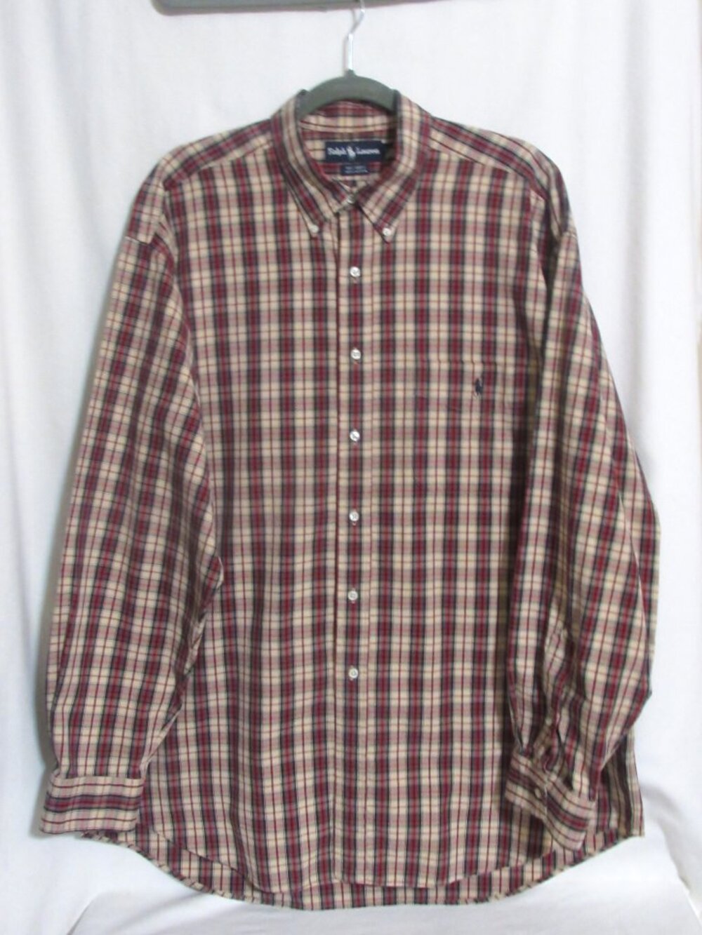New Mens RALPH LAUREN Red Beige Blue & Black Plaid 100% Cotton Down Shirt XL